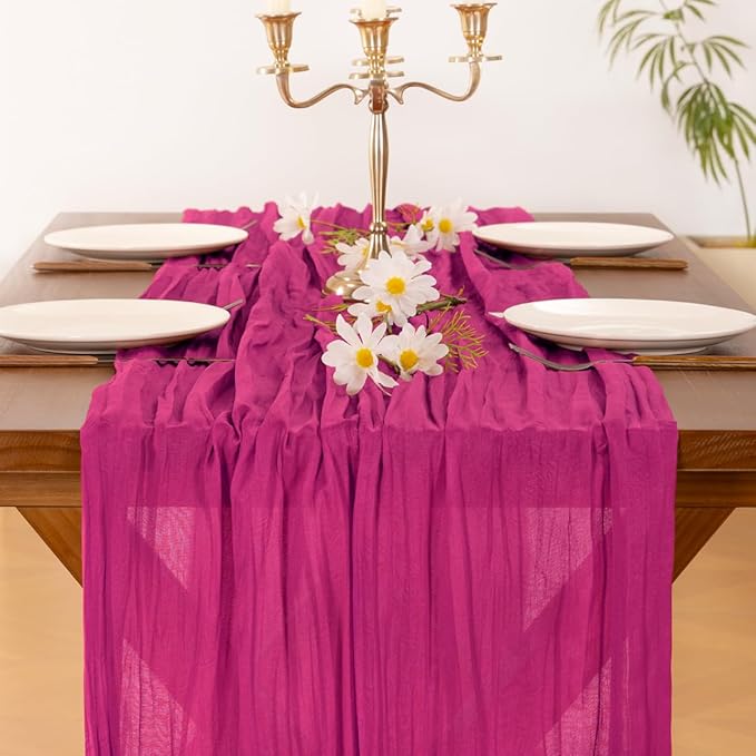 Socomi 10pcs Hot Pink Cheesecloth Table Runner Summer Boho Rustic Gauze 120 inch 10FT Cheese Cloth Sheer Runner for Wedding Party Baby Shower Birthday Home Decor Holiday Decorations
