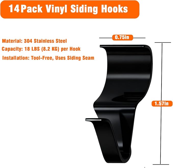 14 Pcs Vinyl Siding Hooks, Stainless Steel No-Hole Hangers for Hanging Wreaths & Outdoor Decor, Low Profile Siding Clips, Easy Installation, No Tools Needed (14, Black)