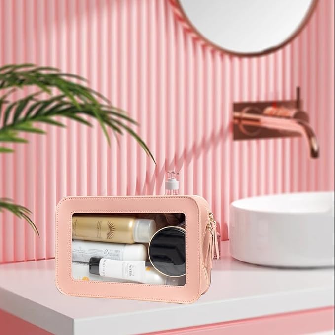 Clear Makeup Bag, Pink Travel Makeup Pouch Toiletry Bag for Women Waterproof Small Cosmetic Bag Case Small Make Up Bag with Zipper Car Organizer Car Essentials for Women Men
