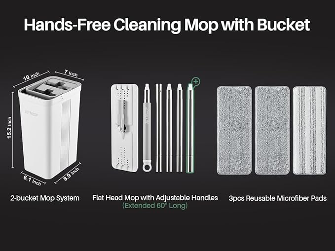 JOYMOOP Mop and Bucket Set, Flat Mop for Household & Commercial Floor Cleaning, Wet Dry Wall Cleaner with Long Handle, Hardwood Floor – Includes 3 Microfiber Pads