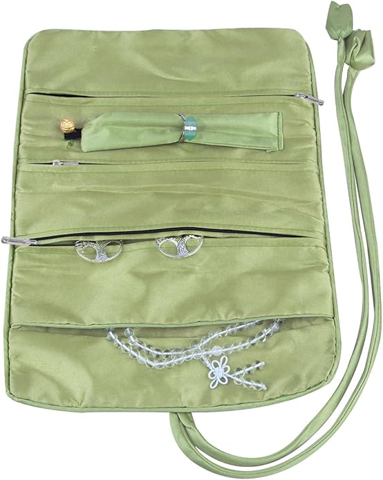 TUMBEELLUWA Embroidery Travel Jewelry Bag Roll Embroidered Flower and Bird Brocade Organizer with Tie Close