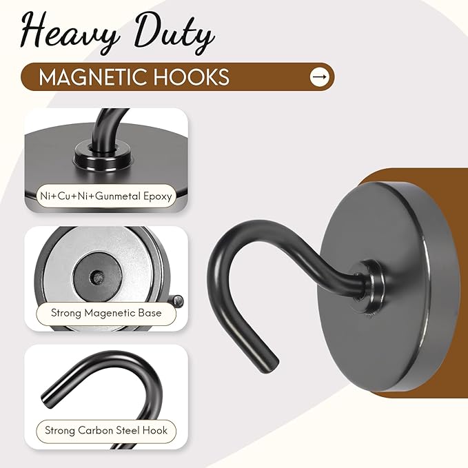 Neosmuk Magnetic Hooks for Cruise Cabins, Heavy Duty 130lb Strong Magnet Hook, Cruise Ship Essentials for Hanging, Metal Wall Refrigerator Hangers (Gunmetal, 10 Pack)