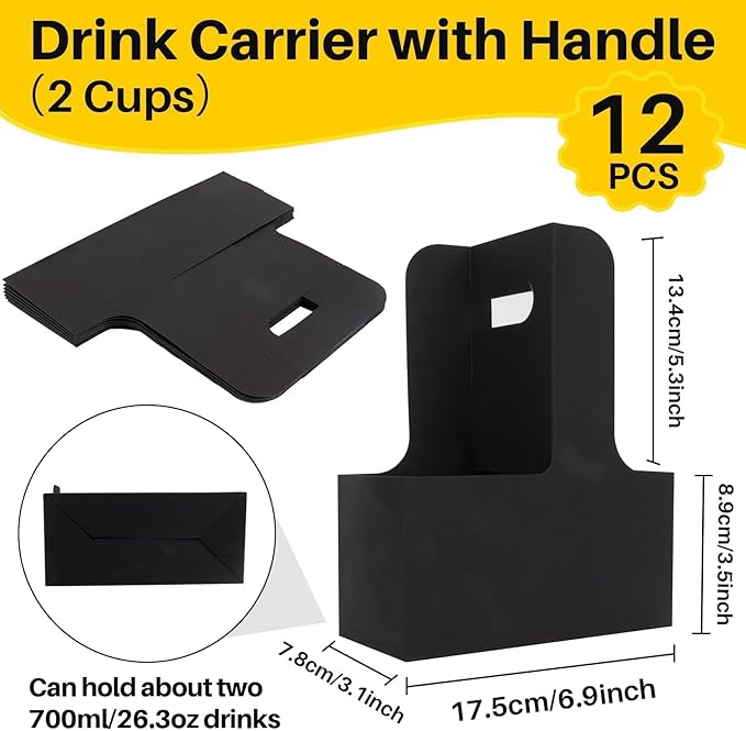 MAQIHAN 2 Cup Drink Carrier with Handle - 12Pcs Disposable Paper Coffee Cup Holder, Portable Drink Caddy Cup Carriers, Sturdy Cup Carrier for Drink Delivery Accessories for Hot/Cold Drinks (Black