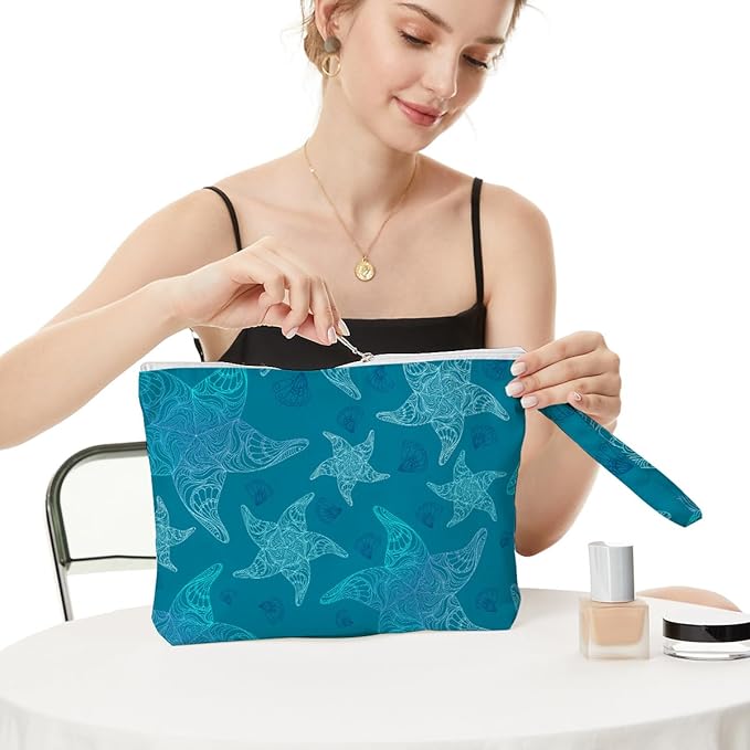 Fokongna Wet Bag, Small Portable Waterproof Multi-Functional Organizer for Women, Ideal for Daily, Beach & Travel，Turquoise Ombre Starfish Pattern