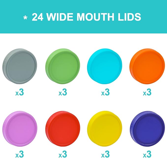 AOZITA [ 24 Pack ] WIDE Mouth Mason Jar Lids for Ball, Kerr and More - Colored Plastic Storage Caps for Mason/Canning Jars - Leak-Proof