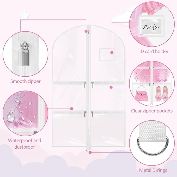 Garment Bags for Dance Costumes - 40 Inch Clear PVC with 5 Zipper Pockets (3 Pack, White) - Kids Dance Garment Bag for Dancers, Hanging Clothes Storage, Competitions & Travel (‎Clear White)