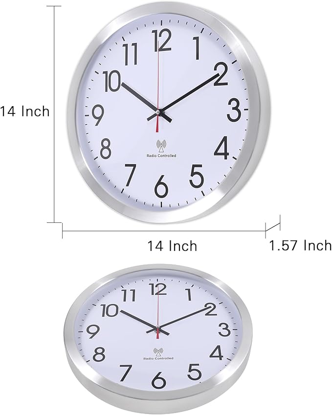 Atomic Analog Wall Clock, 14-Inch Radio-Controlled Automatically Setting Wall Clock, Aluminum Frame Wall Clock for Home, School, Office