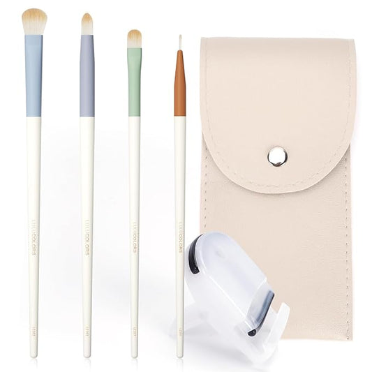 4-pcs Eye Makeup Brush Set with Eyelash Curler-Soft Synthetic Bristles for Precision Application-Includes Eyebrow, Pencil, Mini Concealer & Eyeliner Brushes with Travel Pouch