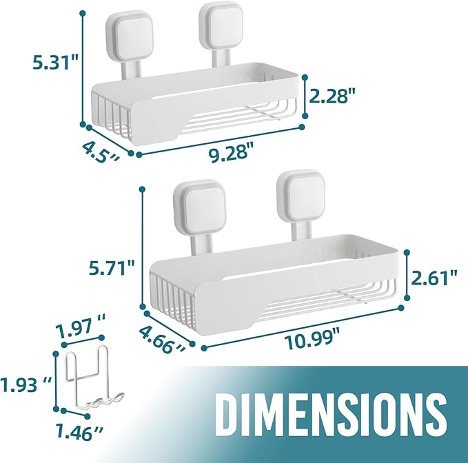 TAILI Shower Caddy Suction Cup 2 Pack, Stainless Steel Rustproof Shower Shelves, No Drilling Wall Mounted Basket, Large Capacity, Removable Suction Cup Bathroom Organizers & Home Decor, White