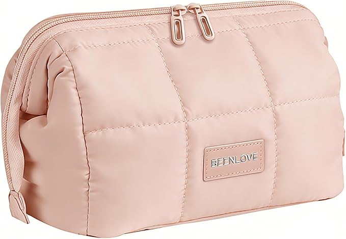 Makeup Bag Travel Toiletry Bag - Puffy Padded Make Up Bag, Waterproof Cosmetic Bag with Multiple Compartments, Wide-open Makeup Pouch for Cosmetics, Toiletries, and Travel Essentials, Pink