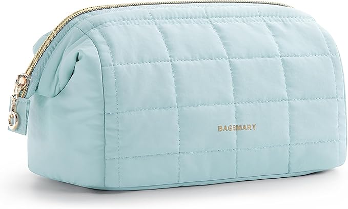 BAGSMART Makeup Bag Travel Toiletry Bag, Puffy Padded Makeup Bags for Women Makeup Organizer Case, Wide-open Pouch Purse Travel Essentials Toiletries Accessories Brushes, Light Blue