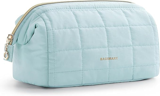 BAGSMART Makeup Bag Travel Toiletry Bag, Puffy Padded Makeup Bags for Women Makeup Organizer Case, Wide-open Pouch Purse Travel Essentials Toiletries Accessories Brushes, Light Blue