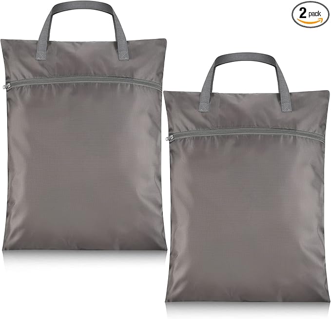 2 Pcs Travel Laundry Bags Waterproof with Handle Dirty Clothes Bag for Traveling Hanging Laundry Hamper with Two Zippered Pockets Washable Reusable for Sports Home Travel College Dorm (Gray)