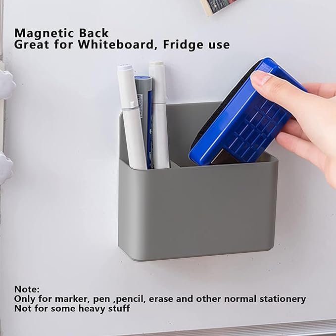 2 Pcs Magnetic Marker Holder Dry Erase Marker Holder Wall Mount Self Adhesive Pen Holder Magnetic Marker Cup Holders for Whiteboard, Fridge, Home Office School (Grey)