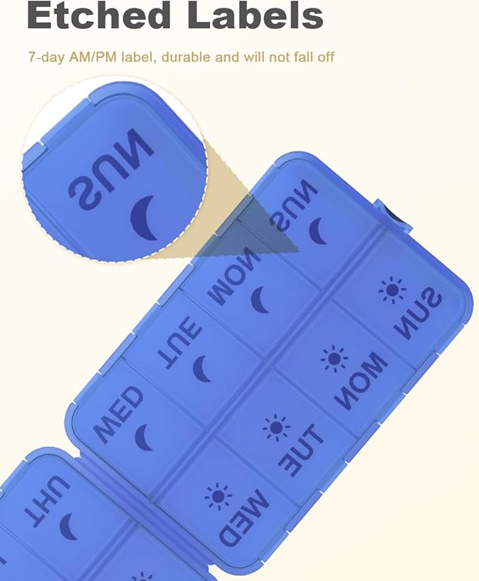Pill Organizer Medicine Organizer Travel Essentials - Weekly Medicine Dispenser with Etched Labels, 7 Day AM PM Dispenser, Travel Pill Box, Foldable Medicine Case