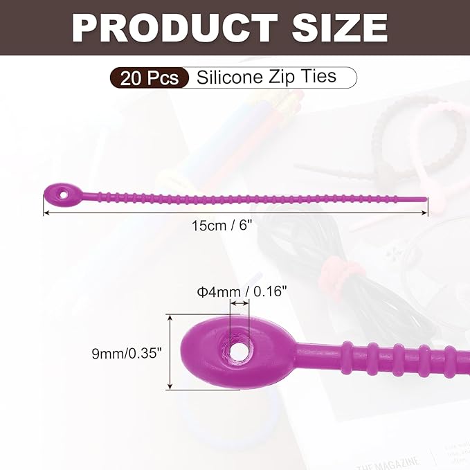PATIKIL 6 Inch Silicone Cable Ties, 20pcs Rubber Reusable Twist Zip Ties Organizer for Home Office Kitchen Food bags Wires Adjustable Bag Clip, Violet