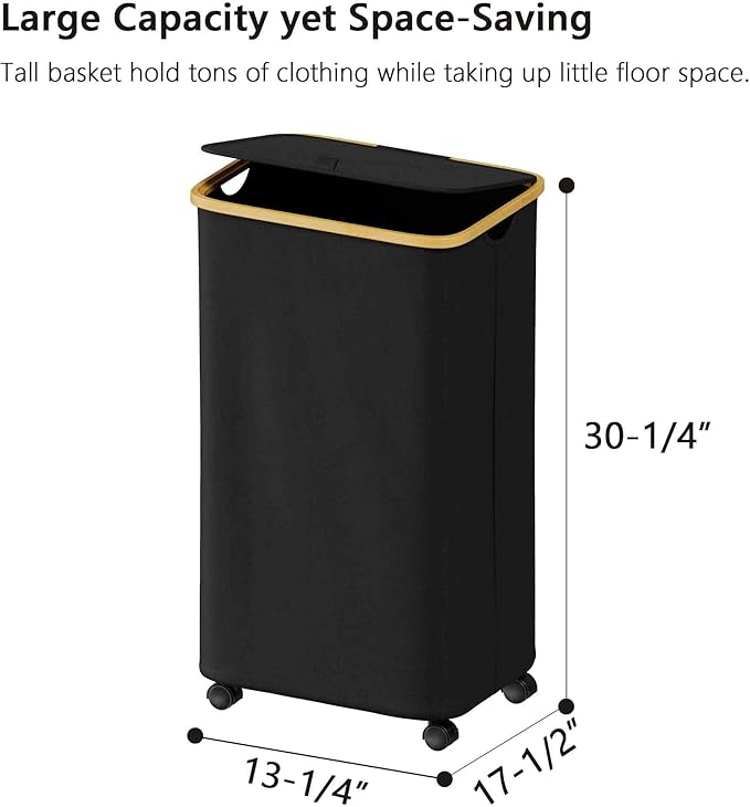 SUOCO Laundry Hamper on Wheels 100L, Clothes Basket with Lid and Bamboo Handles, Foldable Laundry Hamper for Bedroom, Bathroom, Dorm, Laundry Room - Black