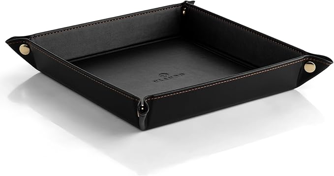 Vlando Valet Tray for Men Women, Nightstand Organizer Vanity Catchall Holder for Dresser Desk Storage Bedside, Travel PU Leather Jewelry Key Bowl Coin Watches and Candy Entryway Tray - Large, Black