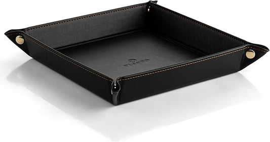 Vlando Valet Tray for Men Women, Nightstand Organizer Vanity Catchall Holder for Dresser Desk Storage Bedside, Travel PU Leather Jewelry Key Bowl Coin Watches and Candy Entryway Tray - Large, Black