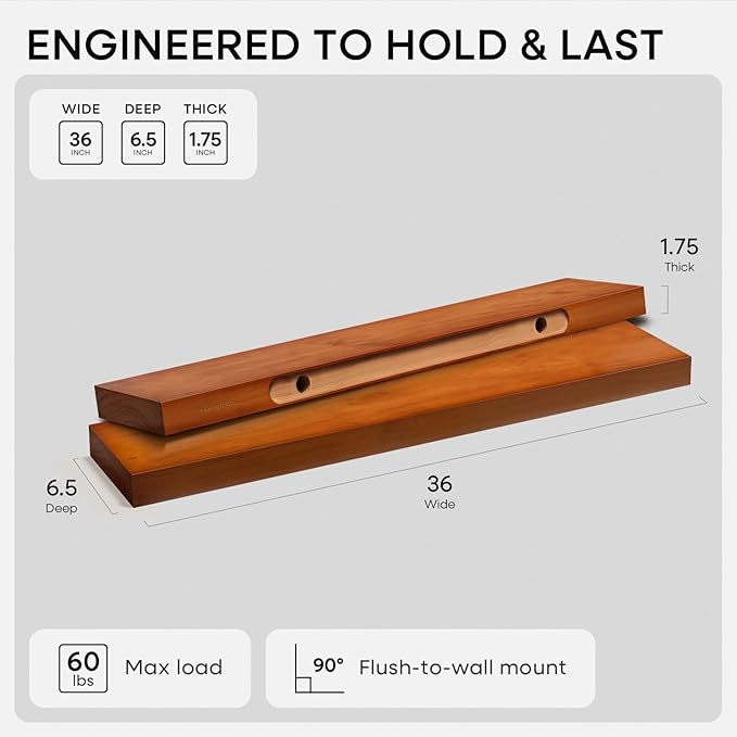 Homeforia Oak Floating Shelves 36 inches Long, High-End Solid Real Wood 36-inch Floating Shelf for Room Wall, Honey Oak Wooden 36-inch Kitchen Shelves, Heavy Duty Bracket, 36 X 6.5 X 1.75 in, Set of 3