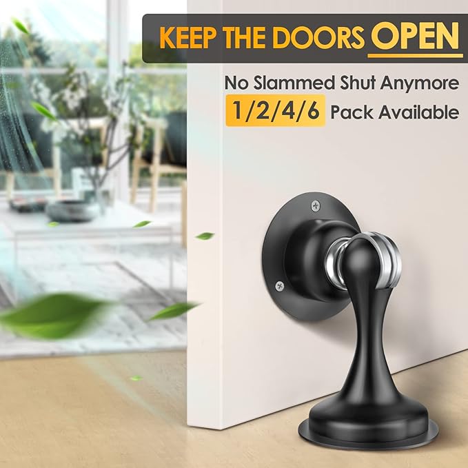 Door Stoppers Magnetic Door Catch - Stainless Steel Heavy Duty Door Holder Stops for Bottom Top of Door - Wall Floor Mounting No Drill 3D Adhesive & Screws Strong Magnet Keep Door Open 6 Pack
