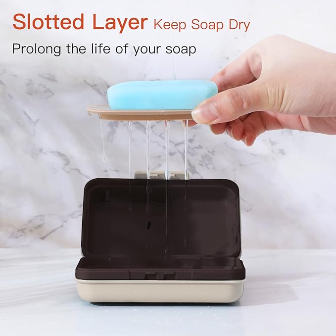 Quatish Bar Soap Holder Dish 1 Pack for Shower, Travel Soap Case with Lid for Gym, Camping Essentials, Hiking, Travel Size Toiletries, Portable, Leakproof, Brown