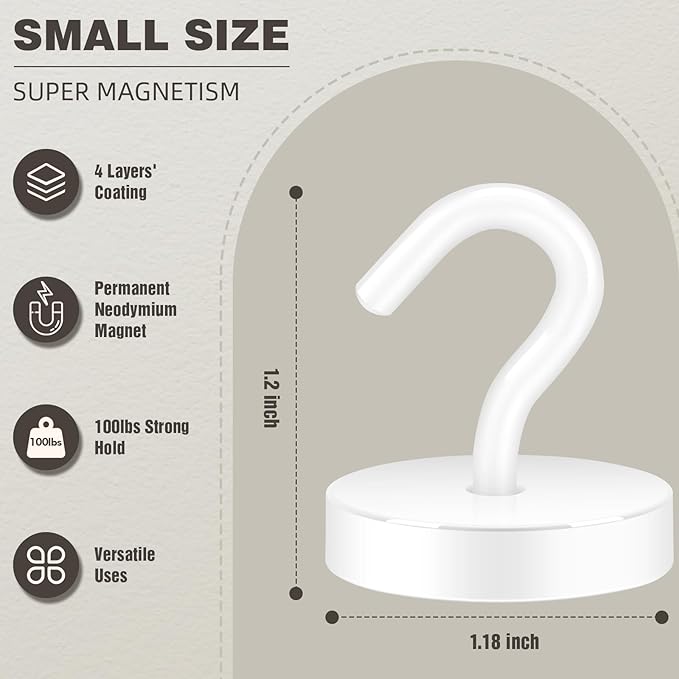 Neosmuk Magnetic Hooks, Cruise Ship Essentials, 100lb+ Heavy Duty Magnetic Hooks for Cruise Cabins, Refrigerator, Grill, Hanging, and Travel | Extra Strong Must-Haves Magnet Hook,White,Pack of 20
