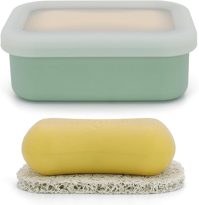AIMAIMAIMAI Compact Leakproof Travel Soap Case, Silicone Travel Soap Bar Container, Portable Soap Box with Drainage Layer for Camping, Gym (Light Green)