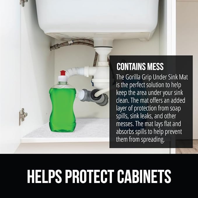 GORILLA GRIP LeakGuard Non-Adhesive Under Sink Mat for Kitchen Cabinet, Waterproof Quick Dry Shelf Liner, Durable Absorbent Felt Mats for Bathroom Sinks, Cabinets, Dresser, Easy to Trim, 24x24 White