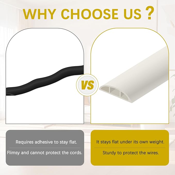 JAHOMFAI Floor Cord Cover 10FT Cord Covers for Wires on Floor Protect Wires & Prevent Trip Hazards, Easy to Cut for Home, Office, School, Concerts, Cavity W0.6in x H0.32in