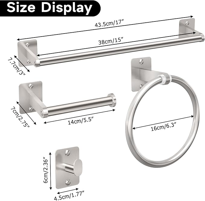 Brushed Nickel Bathroom Accessories Set, 4 Pieces Bathroom Hardware Set, 16 inch Towel Bar, Towel Racks for Bathroom, Robe Towel Hooks, Toilet Paper Holder Wall Mounted