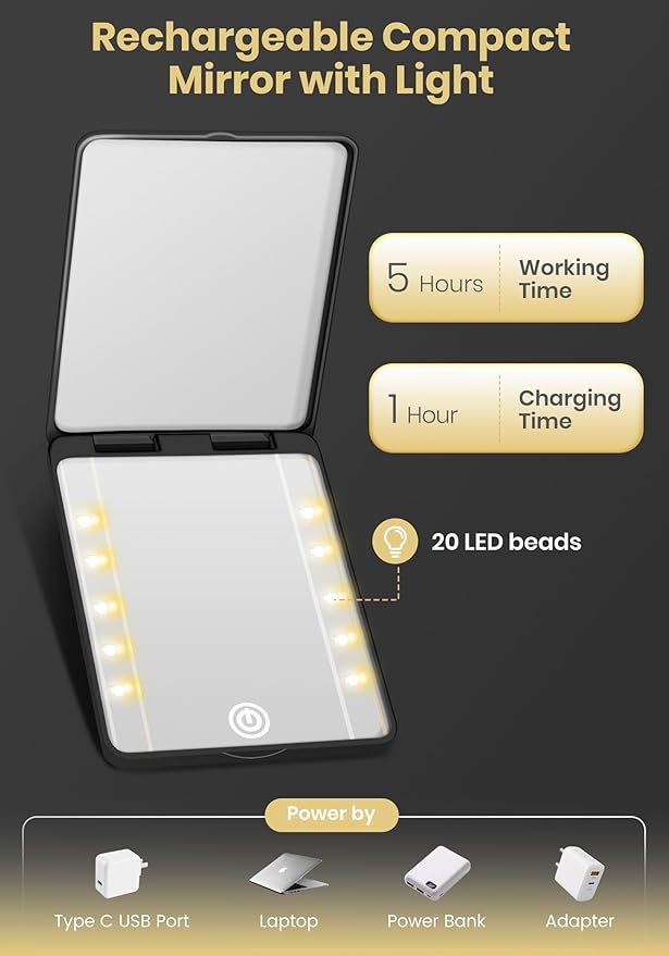 Compact Mirror, Rechargeable 30X Magnifying Mirror with 3 Lighting Modes & Dimmable Brightness, Portable Travel Makeup Mirror with Light, Essentials for Travel, Pocket, Purse, Gifts for Women Black