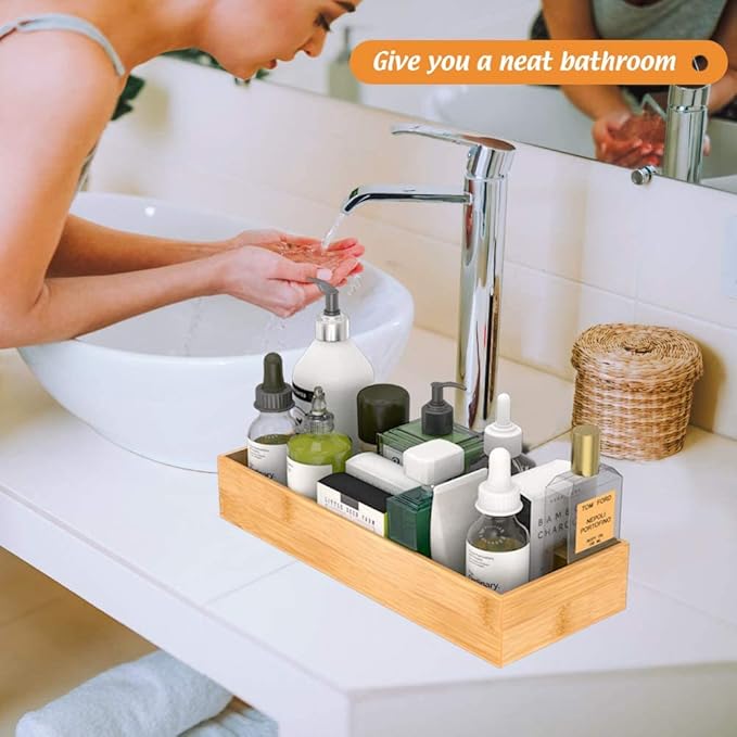 Bathroom Vanity Tray Organizer Bamboo, Small Wood Tray for Counter Kicthen Drawer, Rectangular Toilet Paper Storage Basket Box, Guest Sink Tray Decor, Bathroom Accessories 15" x 6" x 2.5"
