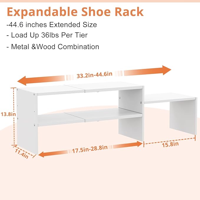 44.6 Inches Expandable White Shoe Rack Organizer for Closet,Adjustable Small Shoe Storage Shelves,Metal Wood Combination Shoe Shelf Stand Holder for Closets,Entryway,Front Door,Narrow Space,10-13 Pair