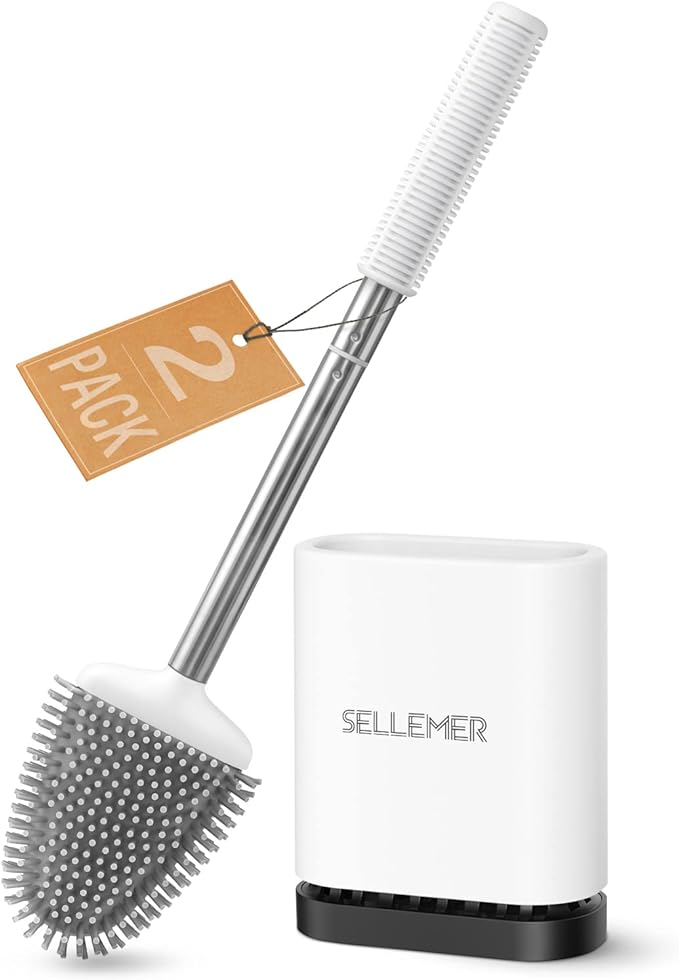 Sellemer Toilet Brush and Holder Set for Bathroom, Flexible Toilet Bowl Brush Head with Silicone Bristles, Compact Size for Storage and Organization, Ventilation Slots Base (2 Pack, White)
