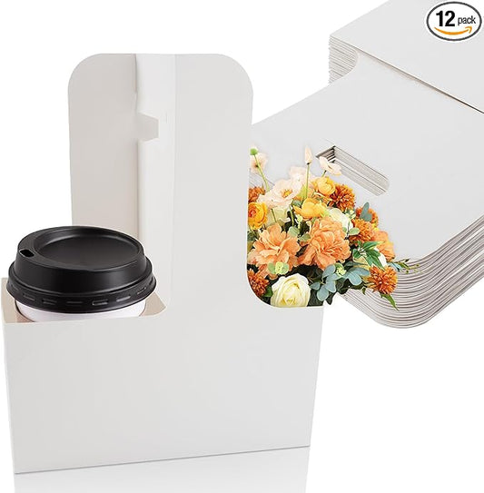 MAQIHAN 2 Cup Drink Carrier with Handle - 12Pcs Disposable Paper Cardboard Coffee Cup Holder Portable Drink Caddy Cup Carriers to go Cup Holder Food Delivery Accessories for Hot/Cold Drinks (White)