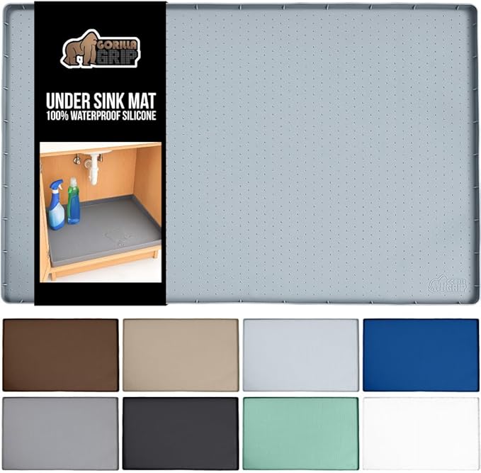 GORILLA GRIP Waterproof Silicone Under Sink Mat with Raised Lip for Kitchen and Bathroom, 31 x 22 in, Cabinet Shelf Liner Stay in Place Mats Dishwasher Safe Drawer Liner, Organizer Tray, Light Grey