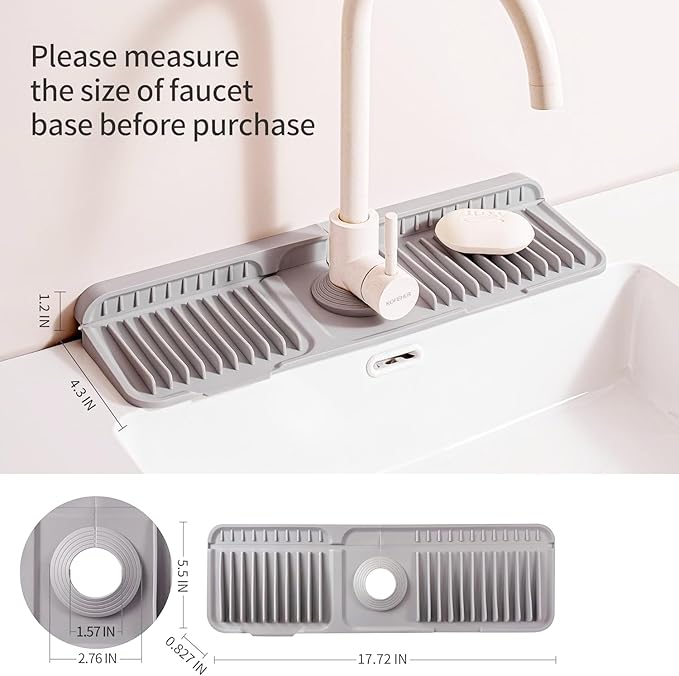 Faucet Mat for Kitchen Sink Upgraded Premium Silicone Splash Guard with Fast Drying Properties Protective Sink Tray Ideal for Stone Sinks in Kitchen & Bathroom (Gray, 17.5"x5.5")