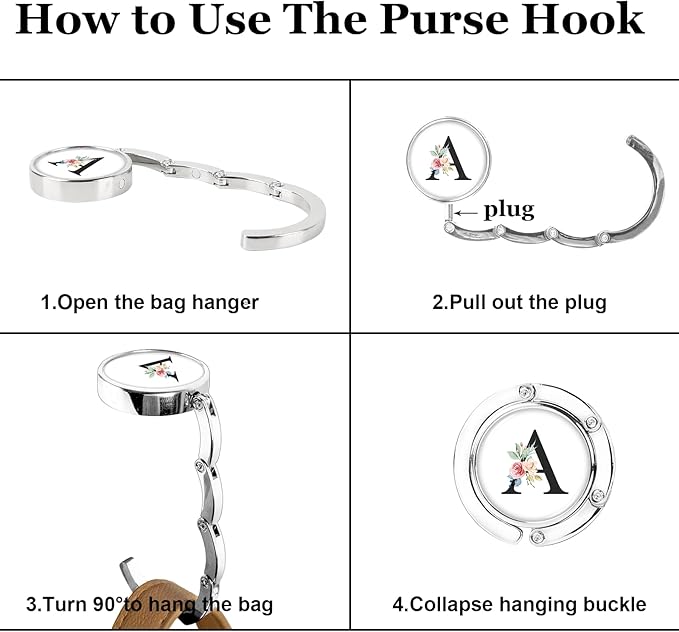 XSUIOY 3Pcs Personalized Initial Foldable Purse Hook for Table,Crushed Flower Letters Folding Purse Hanger,Purse Holder Handbag Hanger Collection Desk Table Bag Hooks Gifts for Women Bag(Black-M)