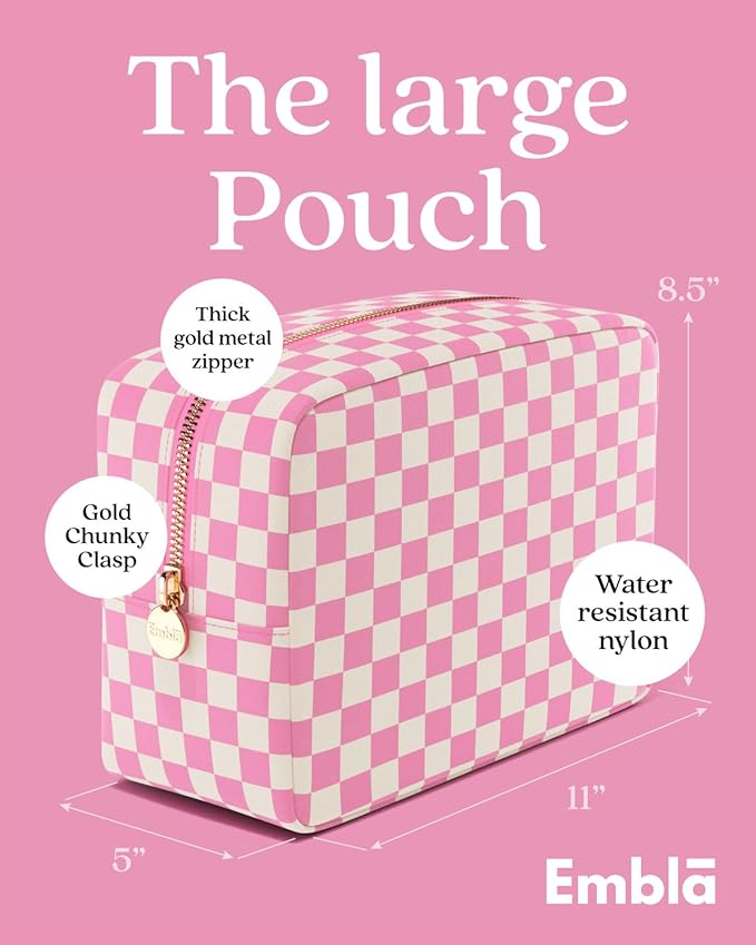 Embla Makeup Bag Travel Cosmetics Pouch and Toiletry Bag, Nylon Zipper Pouch Purse, Cute Make Up Organizer Storage Tote for Women Girls,Travel Skincare Case, Large Makeup Case, Flamingo Checkered