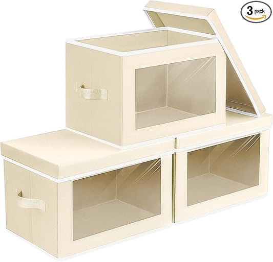 Fabric Storage Bins with Lids, Storage Cubes with Window, Decorative Storage Boxes Baskets for Organizing, Closet Organizer Storage Bins for Home, Office, 3 Packs, Beige