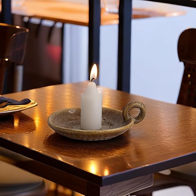 1pack Vintage Ceramic Candle Holders with Handle, Round Farmhouse Ceramic Plate Tray,Sage Holder for Burning,Incense Holder for Meditation Room Home Decor (Khaki)