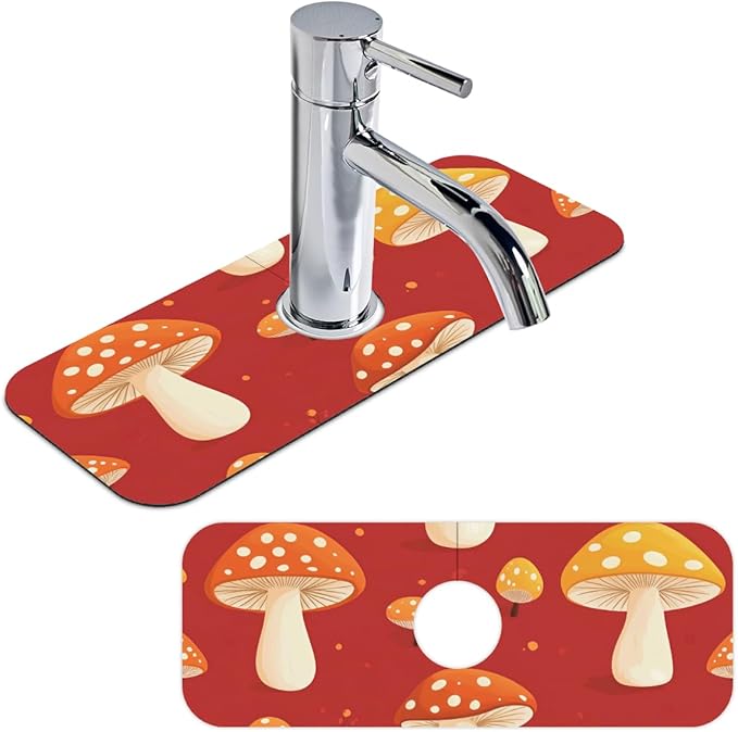 1 PC 15.4*5.7 Inch Absorbent Faucet Mat for Kitchen Sink Diatomaceous Earth Tailored Sink Splash Guard for Bathroom Kitchen Red Mushroom