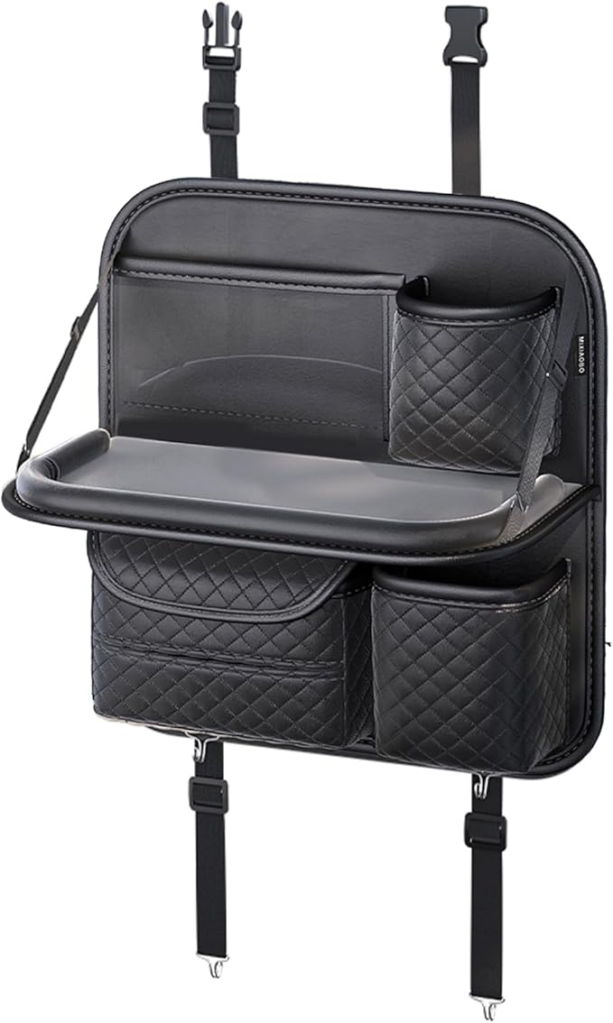 Leather Car Backseat Organizer with Foldable Table Tray - Cup, Tissue, Tablet Holder & Purse Hook, Road Trip Essentials for Car (Black)