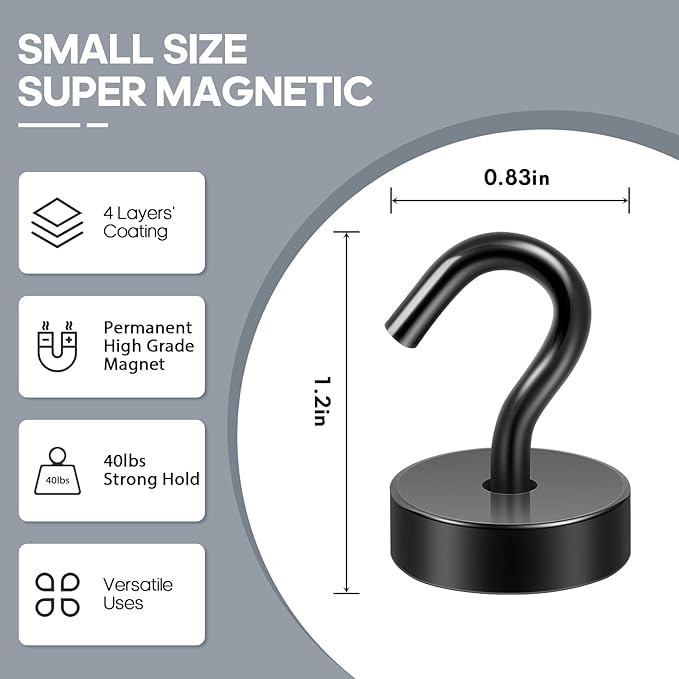Neosmuk Magnetic Hooks, Cruise Ship Essentials, 40lb Heavy Duty Magnetic Hooks for Cruise Cabins, Refrigerator, Grill, Hanging, and Travel | Extra Strong Must-Haves Magnet Hook,Black