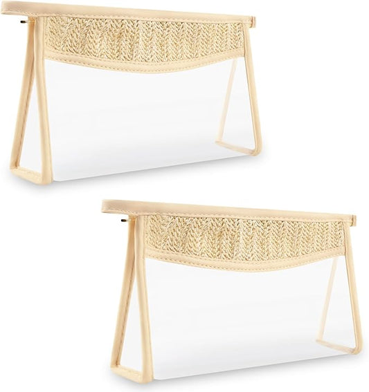 2 Pcs Boho Clear Makeup Bag Cosmetic Zipper Pouch Purse, Clear Toiletry Bags Travel Small Preppy Cute Chenille Letter Bag, Transparent Waterproof Clutch Make Up Organizer Storage Bag for Women Girls