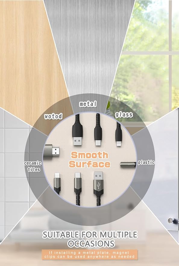 Maveek 5 Pcs Magnetic Cord Holder Cable Management, Strong Cable Clips Magnets Metal Plate, Adhesive Wire Organizers for Nightstand Desktop Wall Kitchen USB LAN (Black)