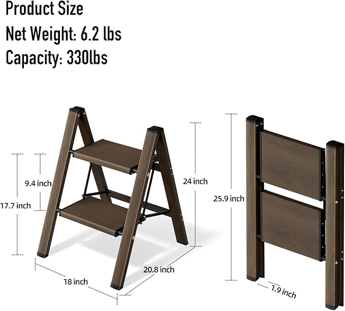 2 Step Ladder, Aluminum Folding Step Stool for Adults, Step Ladder with Wide Anti-Slip Pedal, 330 lbs Capacity for Home, Office, Kitchen, Library (Walnut)