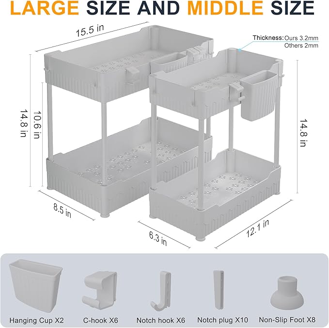 Sevenblue 2 Pack Under Sink Organizer, Under Bathroom Cabinet Organizer with Hooks Hanging Cup, Multi-Purpose Storage Shelf for Kitchen Bathroom (Gray, XL)