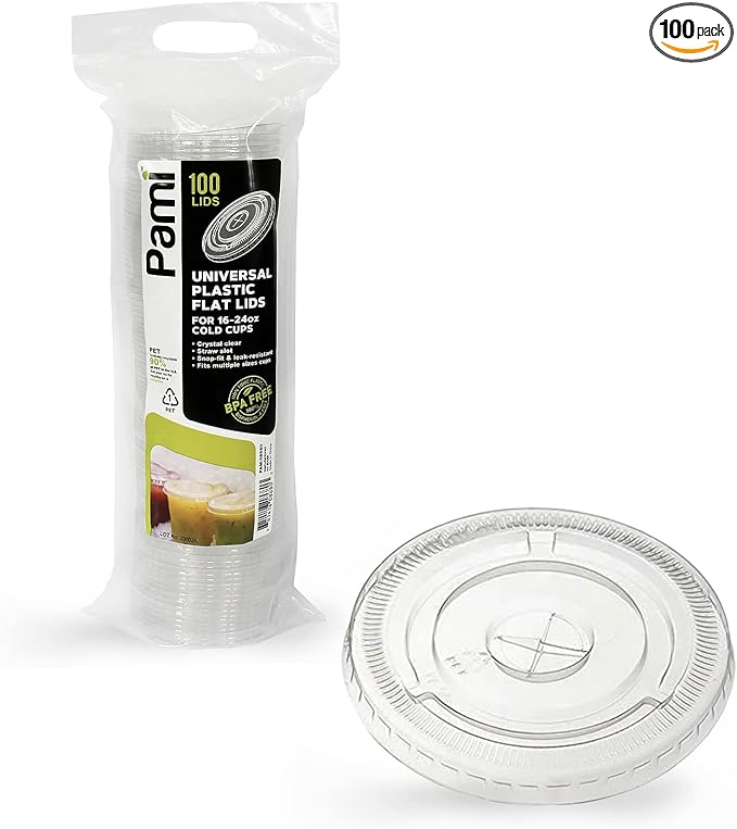 PAMI Clear Plastic Flat Lids with Straw Slot for 16 Oz Cups [Pack of 100] Fits 16, 20, 24 Oz Cups Disposable Leakproof BPA-Free PET Lids